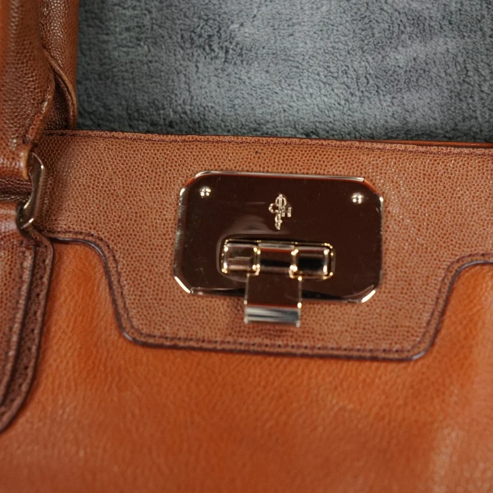 Cole Haan Satchel Handbag Womens Brown Leather Turn Lock Gold Hardware Tote
